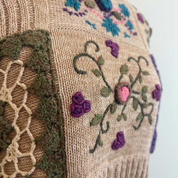 Vintage Ramie Cotton Floral Embroidered Chunky Knit Sweater Women’s L/XL Grandma - Picture 7 of 12